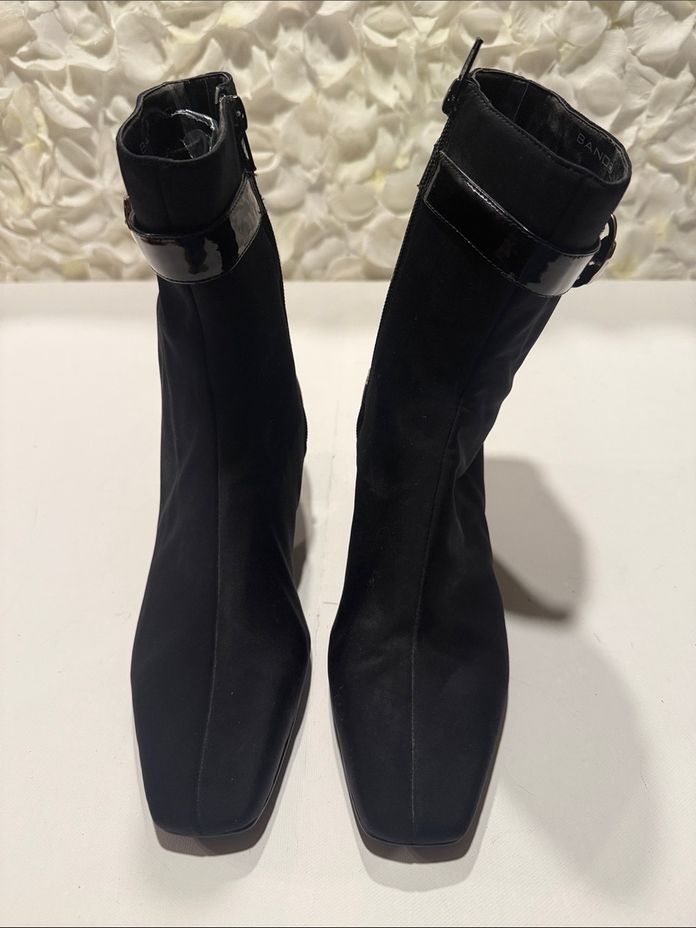 Bandolino Vintage Black Stretch Ankle Booties with Patent Strap